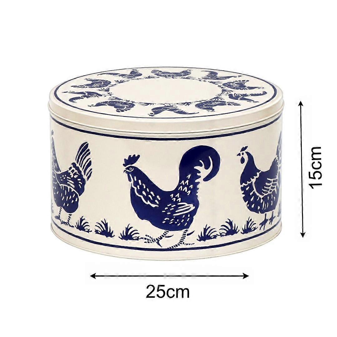 Ceramic container with blue chicken design and measurements on a white background