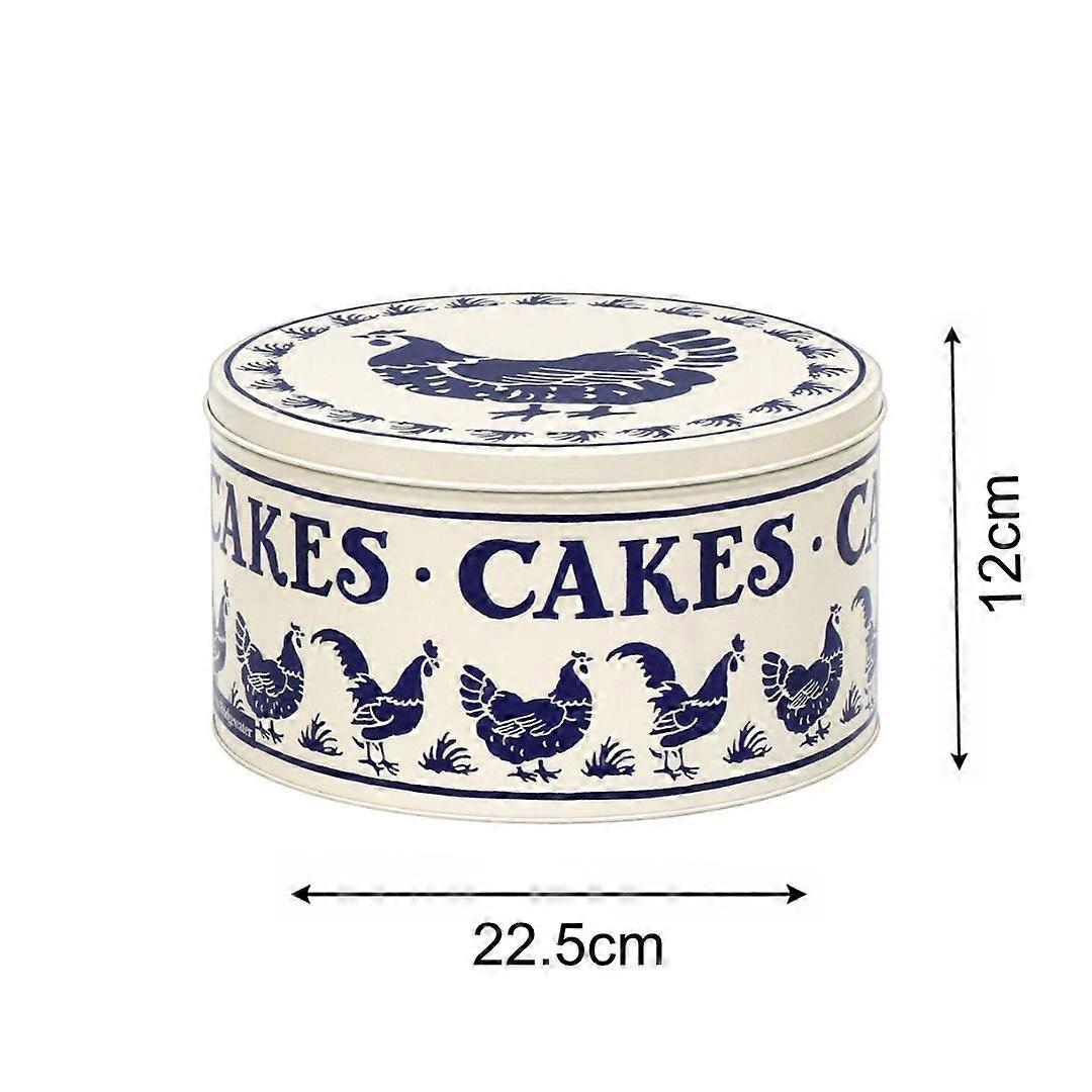 Decorative cake tin with chicken design and measurements on a white background