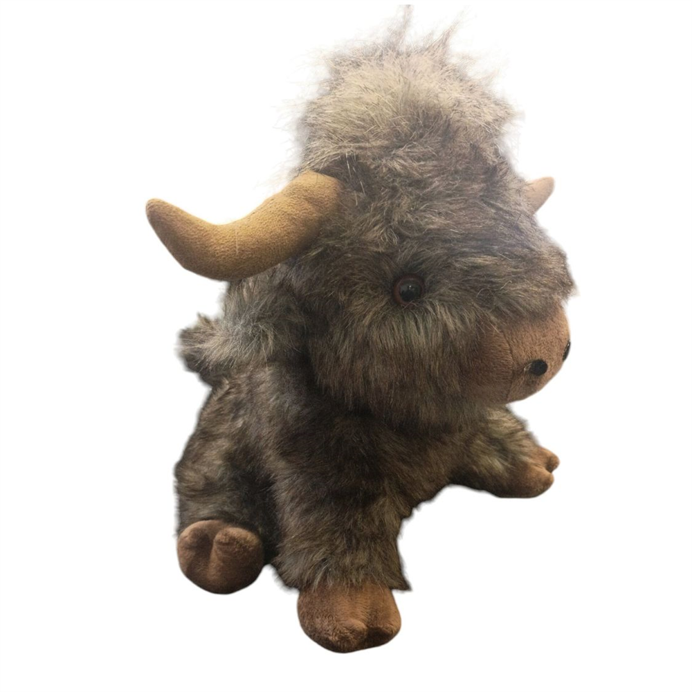 A plush toy bison with shaggy brown and gray fur, tan horns, and a soft brown snout, photographed against a plain white background.