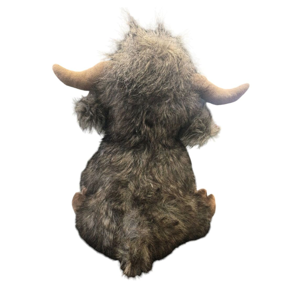 A shaggy, horned creature plush toy or stuffed animal shown from the back, with thick brown and gray fur and curved tan horns, isolated on a white background.