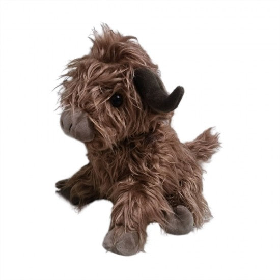 A brown shaggy Highland cow plush toy with dark horns and gray hooves, sitting on a plain white background.