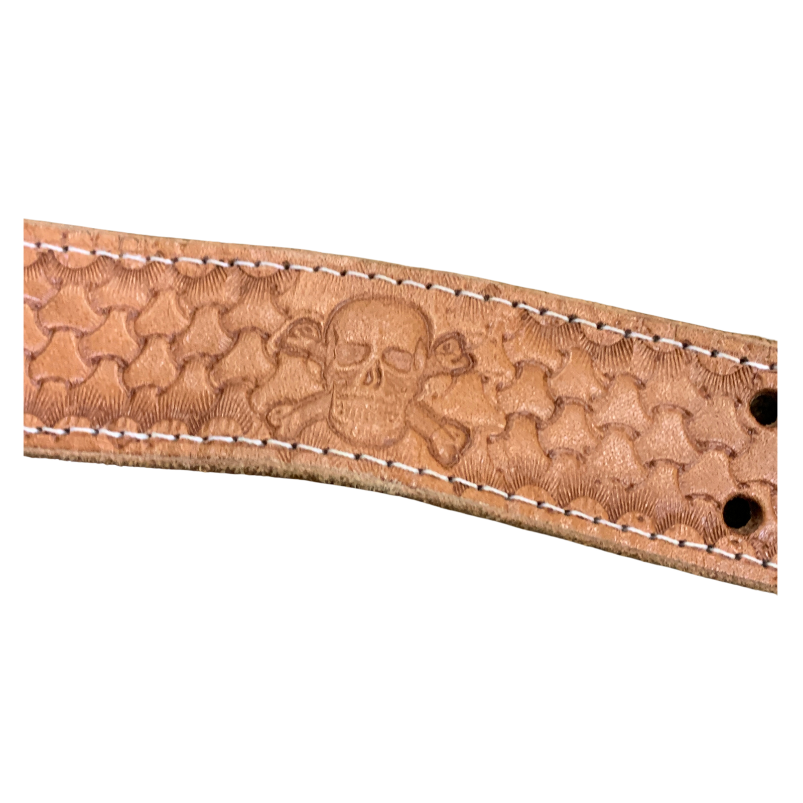 A close-up of a tan leather belt strap featuring a textured star pattern, a central skull and crossbones embossment, white contrast stitching, and two metal eyelets on a plain white background.