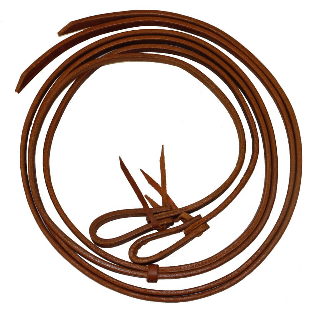 A pair of brown leather split reins with water loops.
