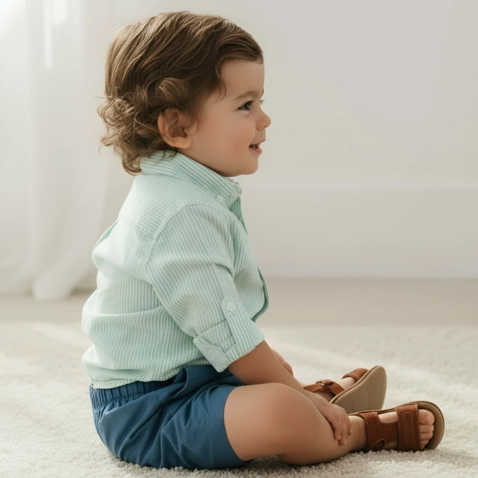 Child wearing a light green shirt and blue shorts sitting on a white surface.