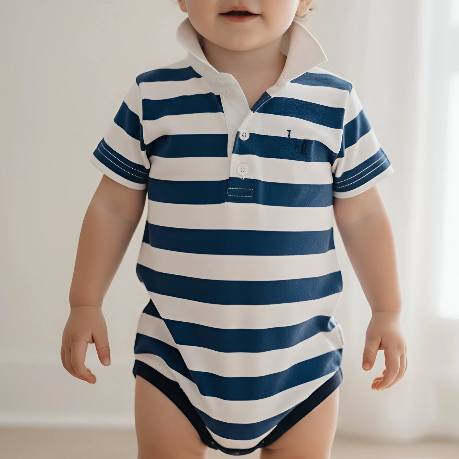 A baby wearing a short-sleeve polo-style bodysuit with navy blue and white horizontal stripes, standing in a softly lit indoor setting.