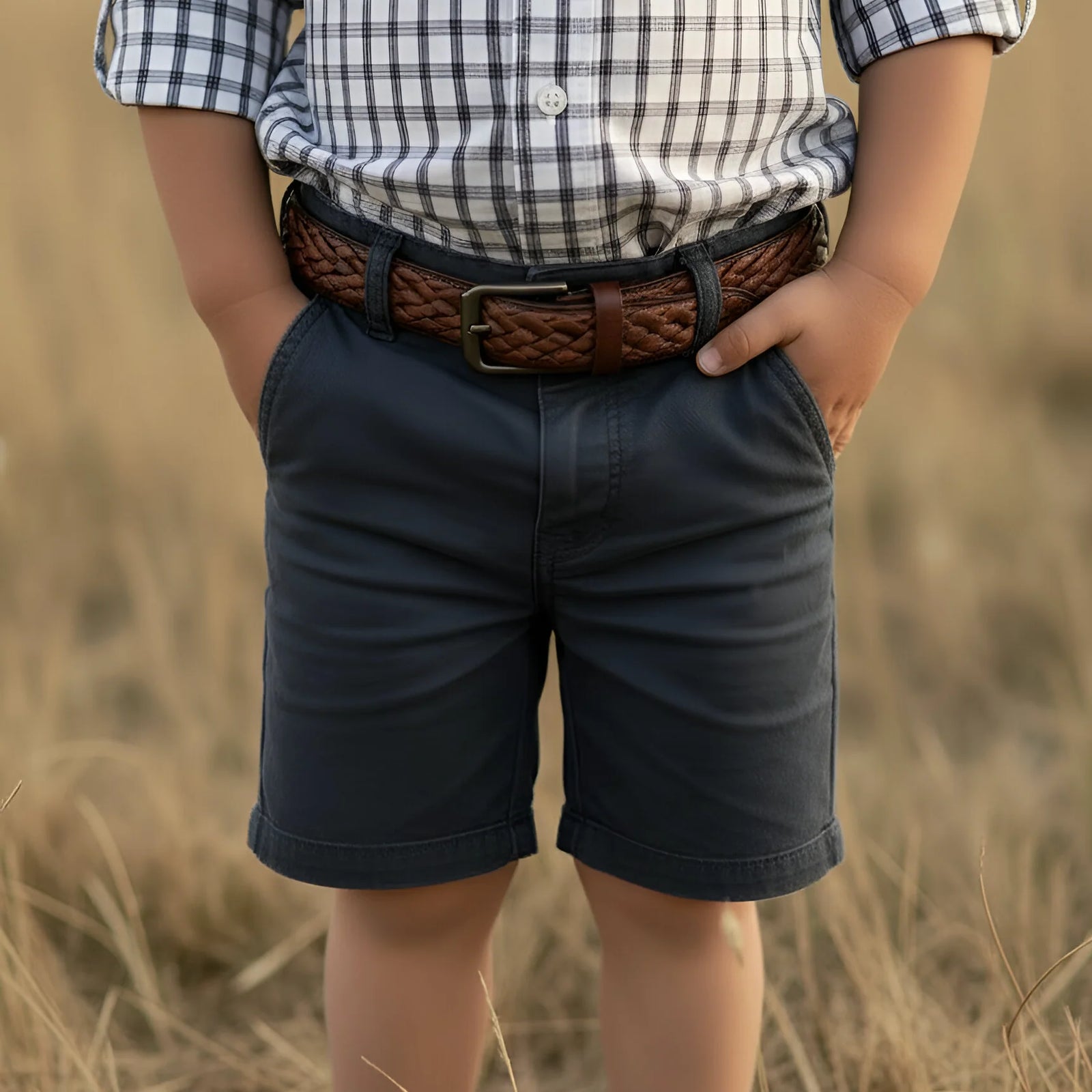 A child wearing dark navy shorts, a brown braided belt, and a black-and-white gingham shirt, standing outdoors in a field of dry grass.