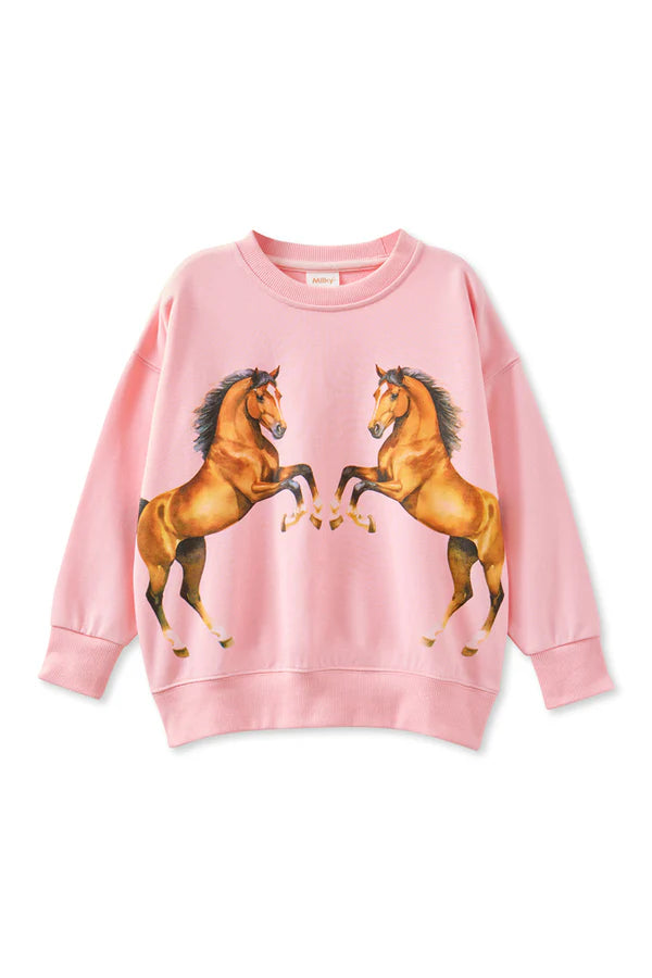 Pink sweatshirt with horse design on a white background