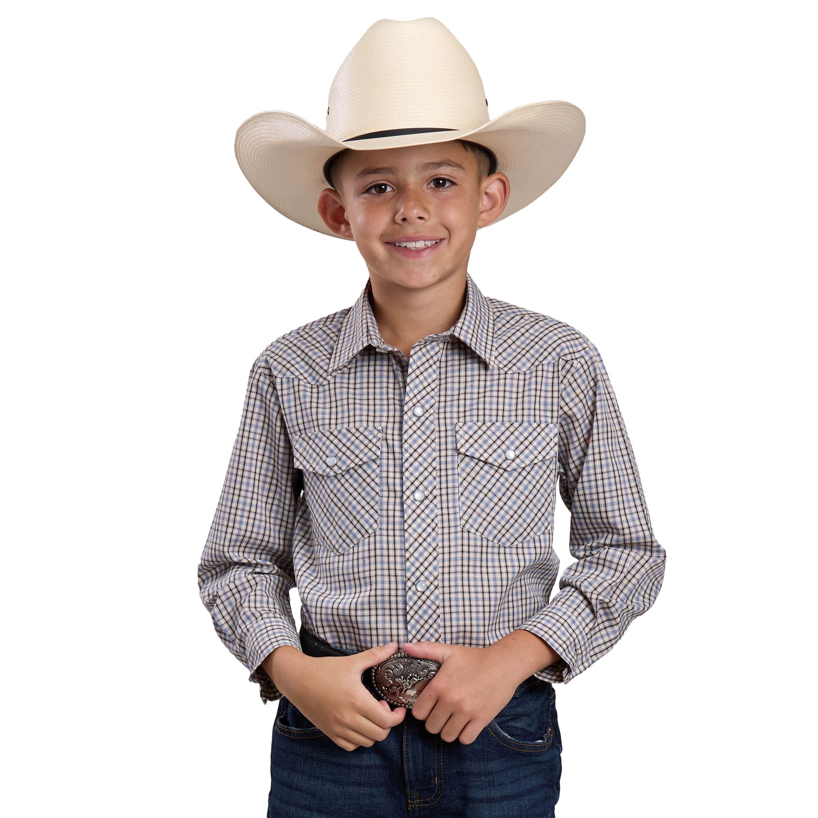 Child wearing a cowboy hat and plaid shirt on a white background