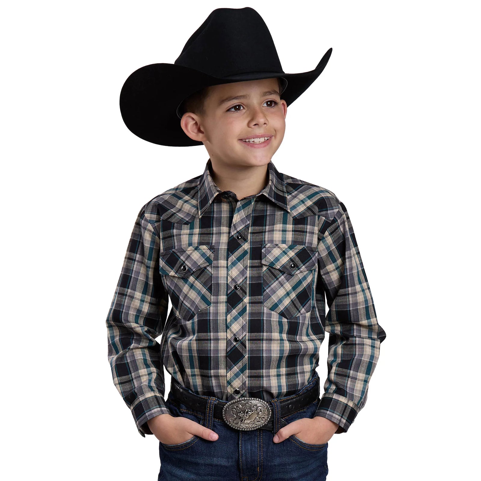 Roper Boy's Karman Classic L/S Western Shirt. Child wearing a plaid shirt and cowboy hat on a white background