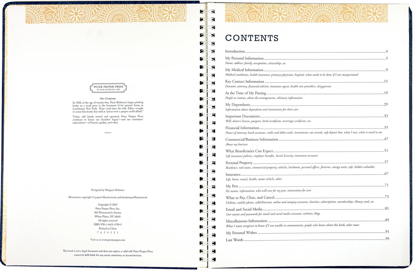 I'm Dead Now What! Organiser. Open book showing a table of contents with decorative elements on the cover.