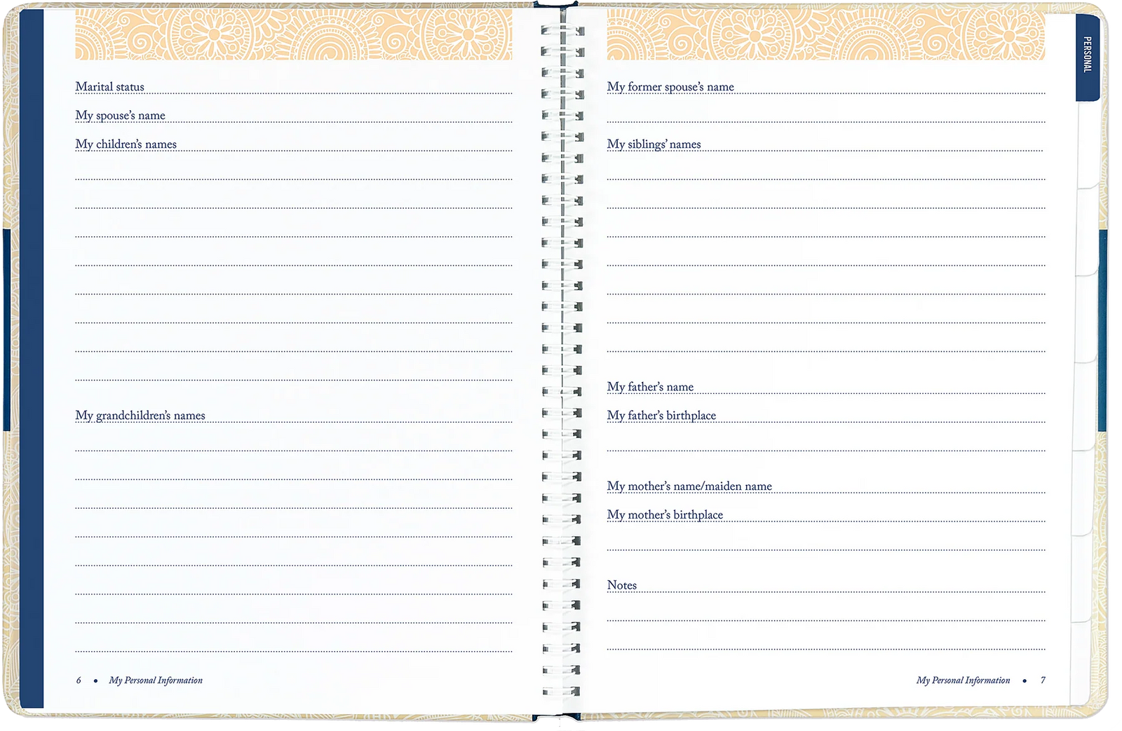 I'm Dead Now What! Organiser. Two pages from a planner or journal with personal information fields.