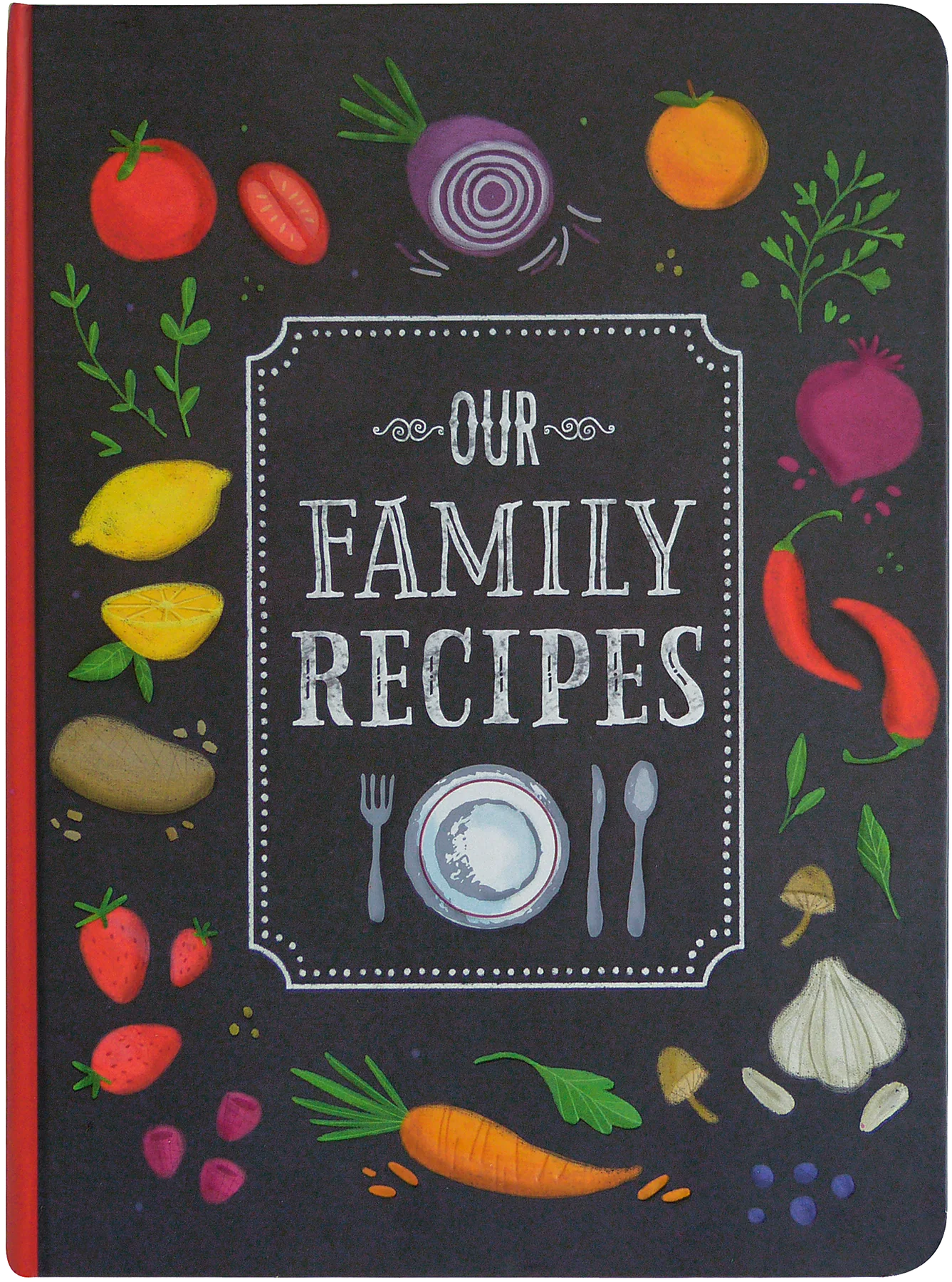 Our Family Recipes. Cookbook cover with illustrations of vegetables and the text 'Our Family Recipes'.