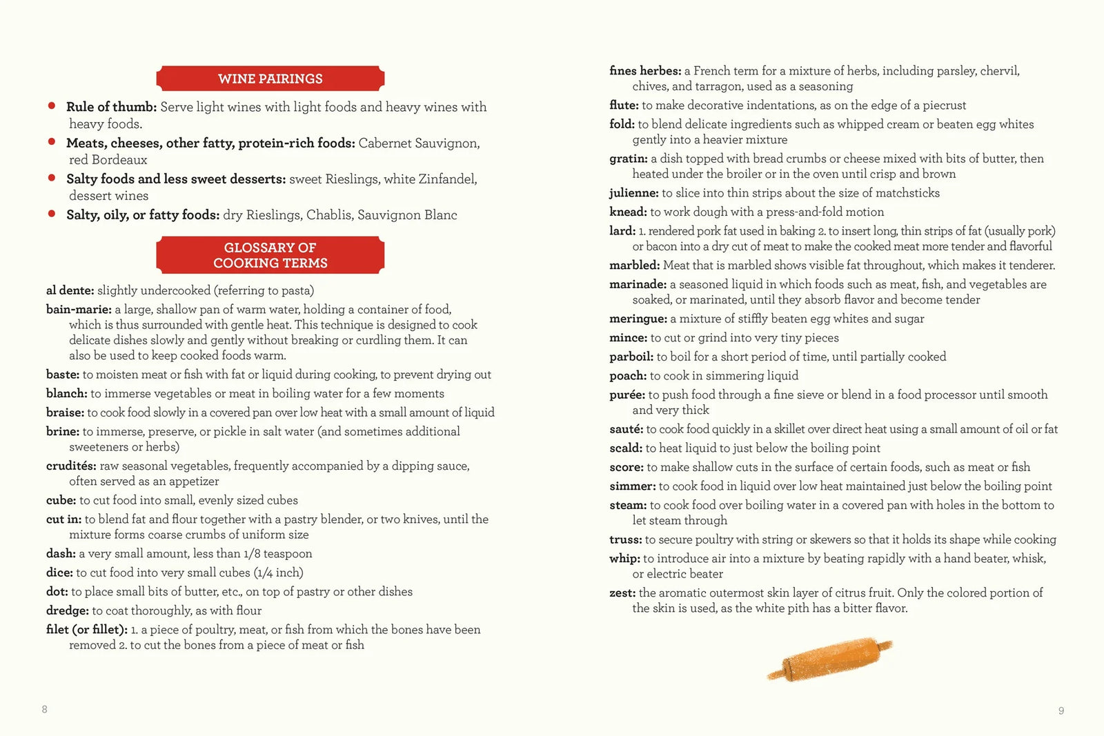 Our Family Recipes. Page from a cookbook with text and a red button labeled 'WINE PAIRINGS'.