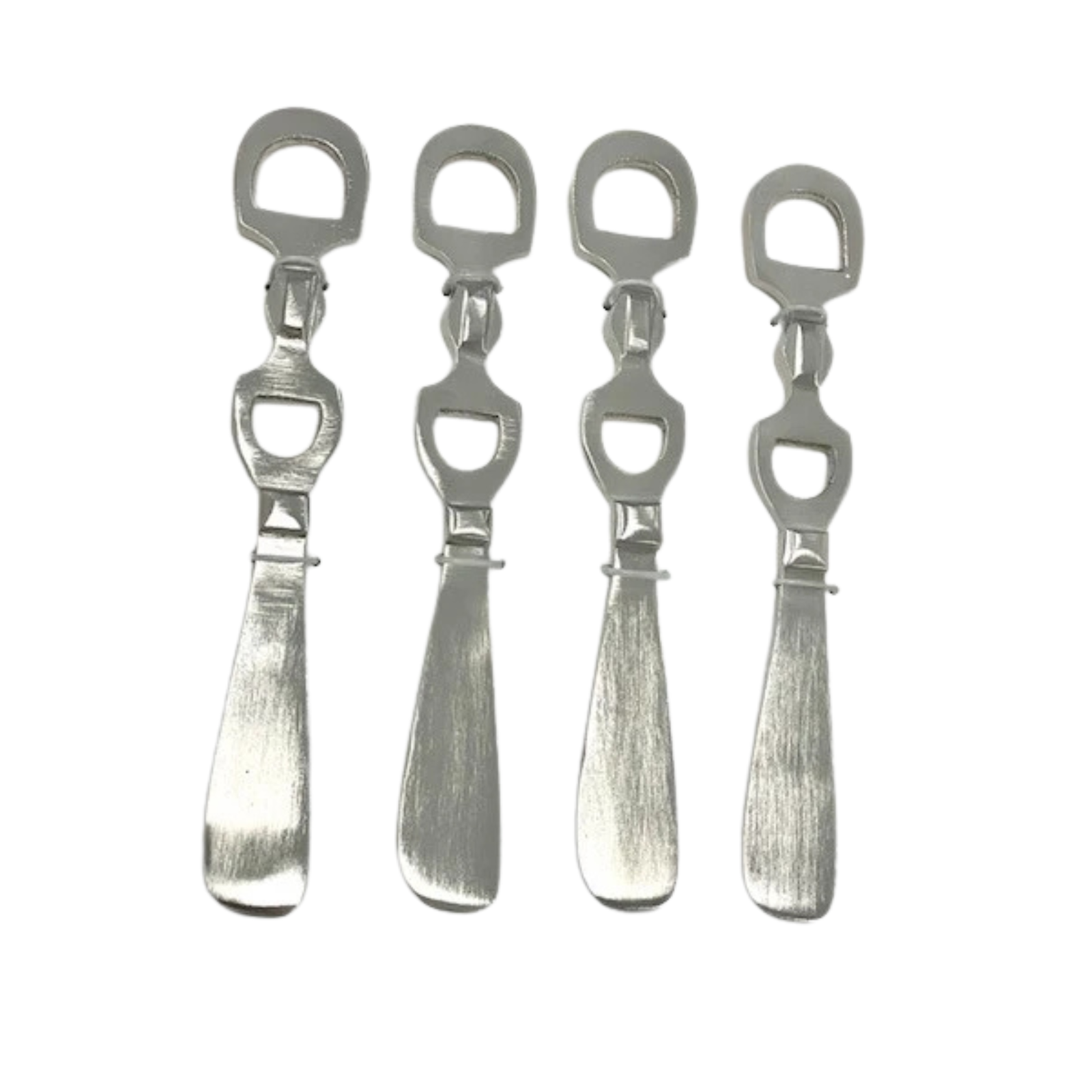 Four silver metal bottle opener tools arranged in a row on a plain white background.