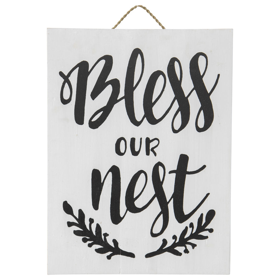 Handcrafted Monochrome Bless Our Nest Wallart. Decorative sign with 'Bless our nest' text on a white background