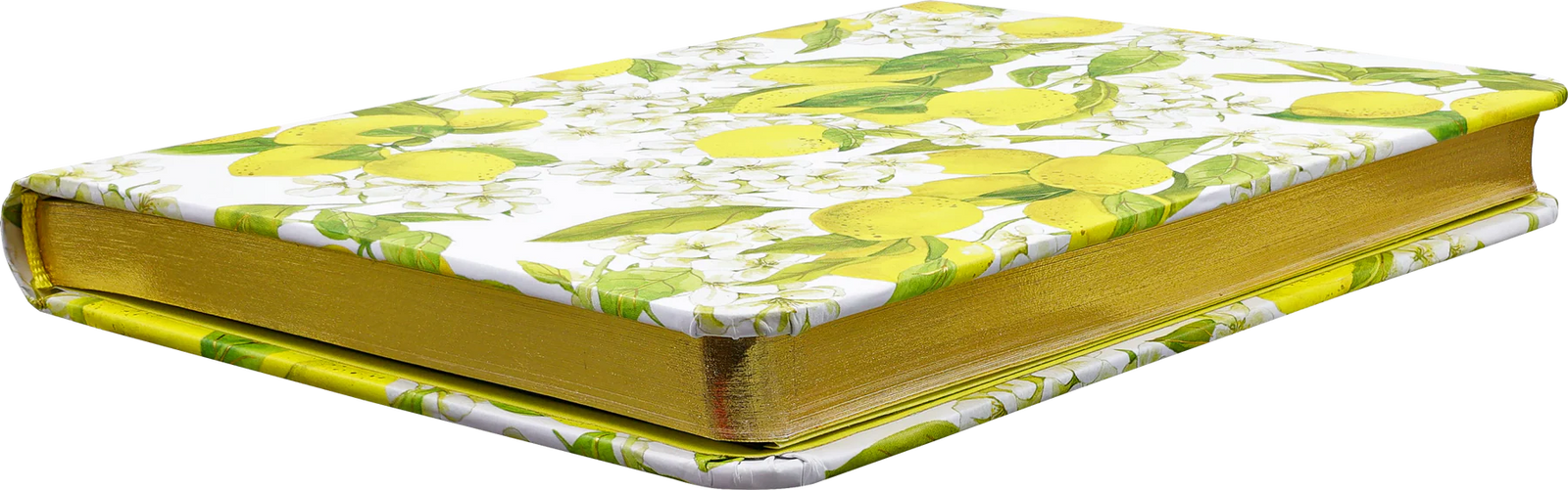 Amalfi Lemons Small Journal. Floral-patterned fabric cover on a book with yellow edges
