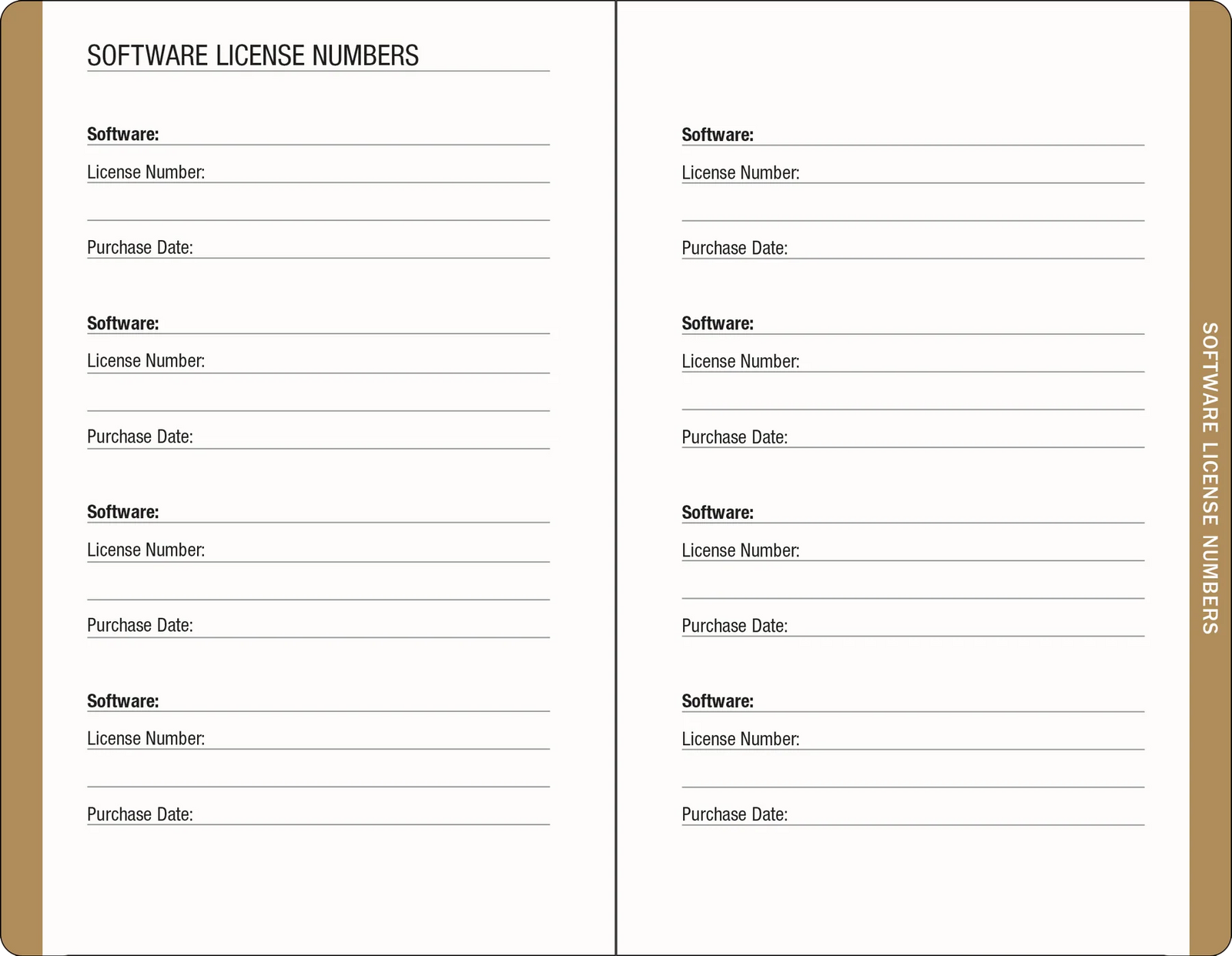 Amalfi Lemons Internet Address & Password Logbook. Two pages of a software license number tracker with columns for software name, license number, and purchase date.