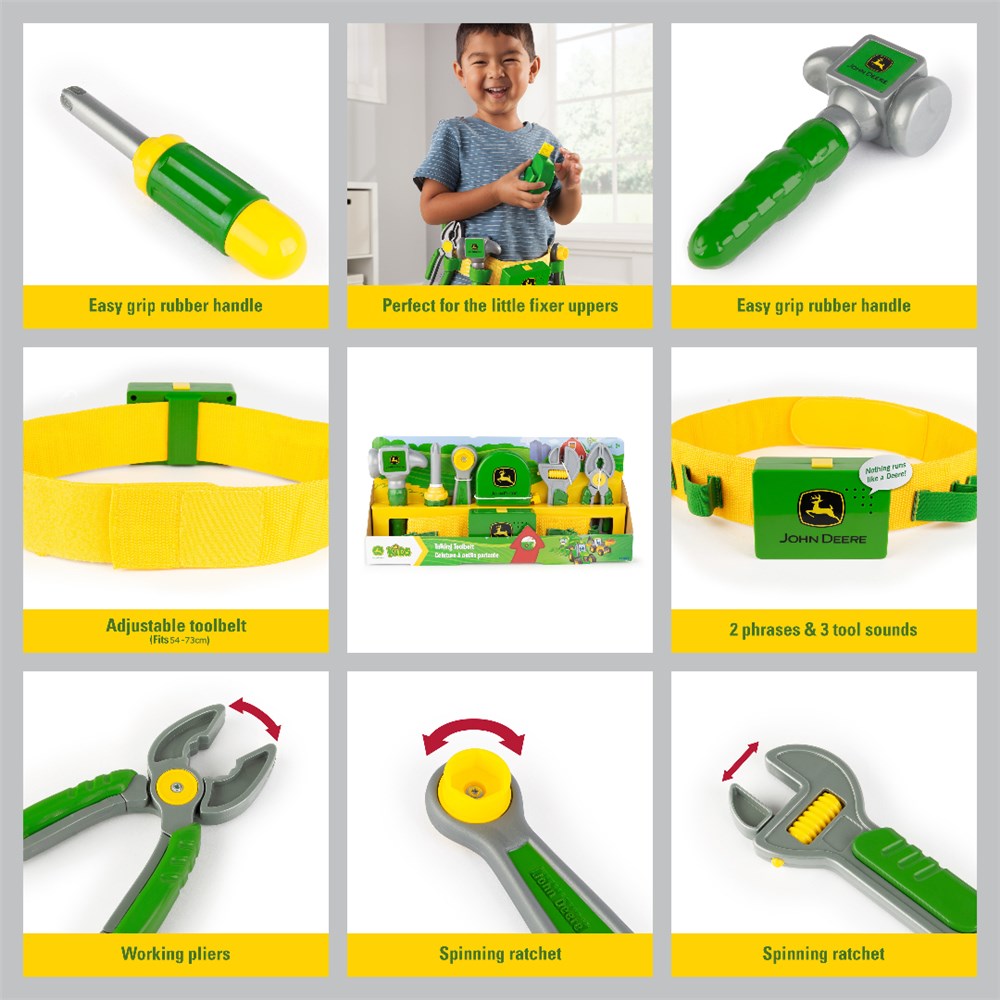 John Deere Deluxe Talking Toolbelt Set . Collage of John Deere toy tool set with various tools and accessories, including a boy holding the set.