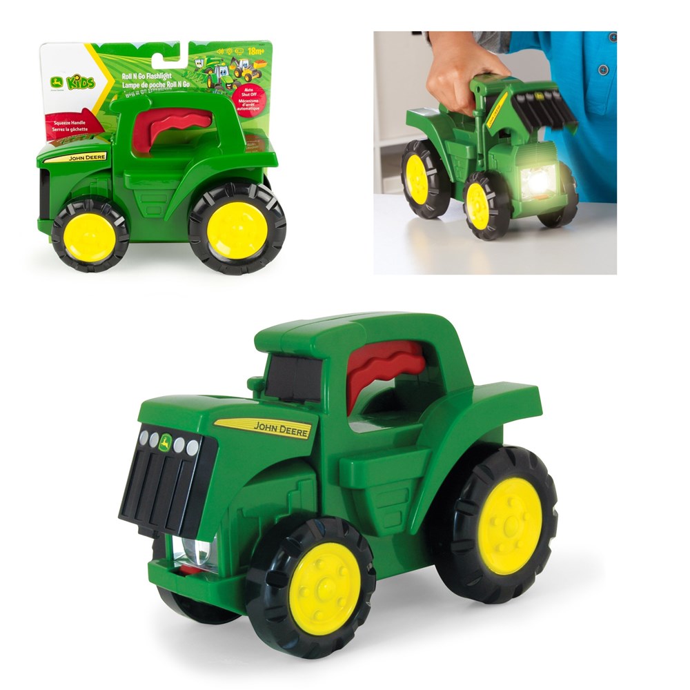 John Deere Tractor Torch . Toy tractor with green and yellow color scheme, featuring John Deere branding, on a white background.