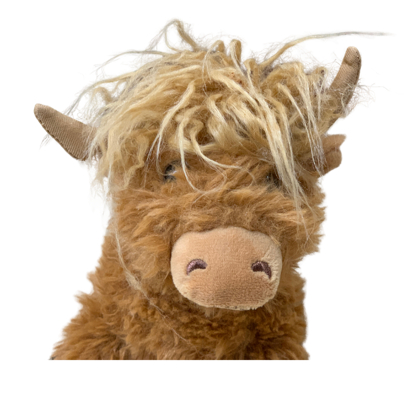 Plush toy resembling a highland cow with shaggy hair on a white background
