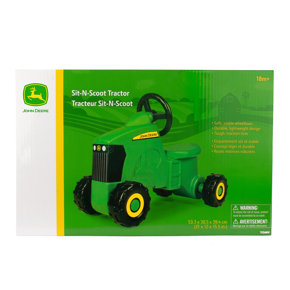 John Deere Foot to Floor - Tractor Ride-On. John Deere Sit-N-Scoot Tractor packaging on a white background
