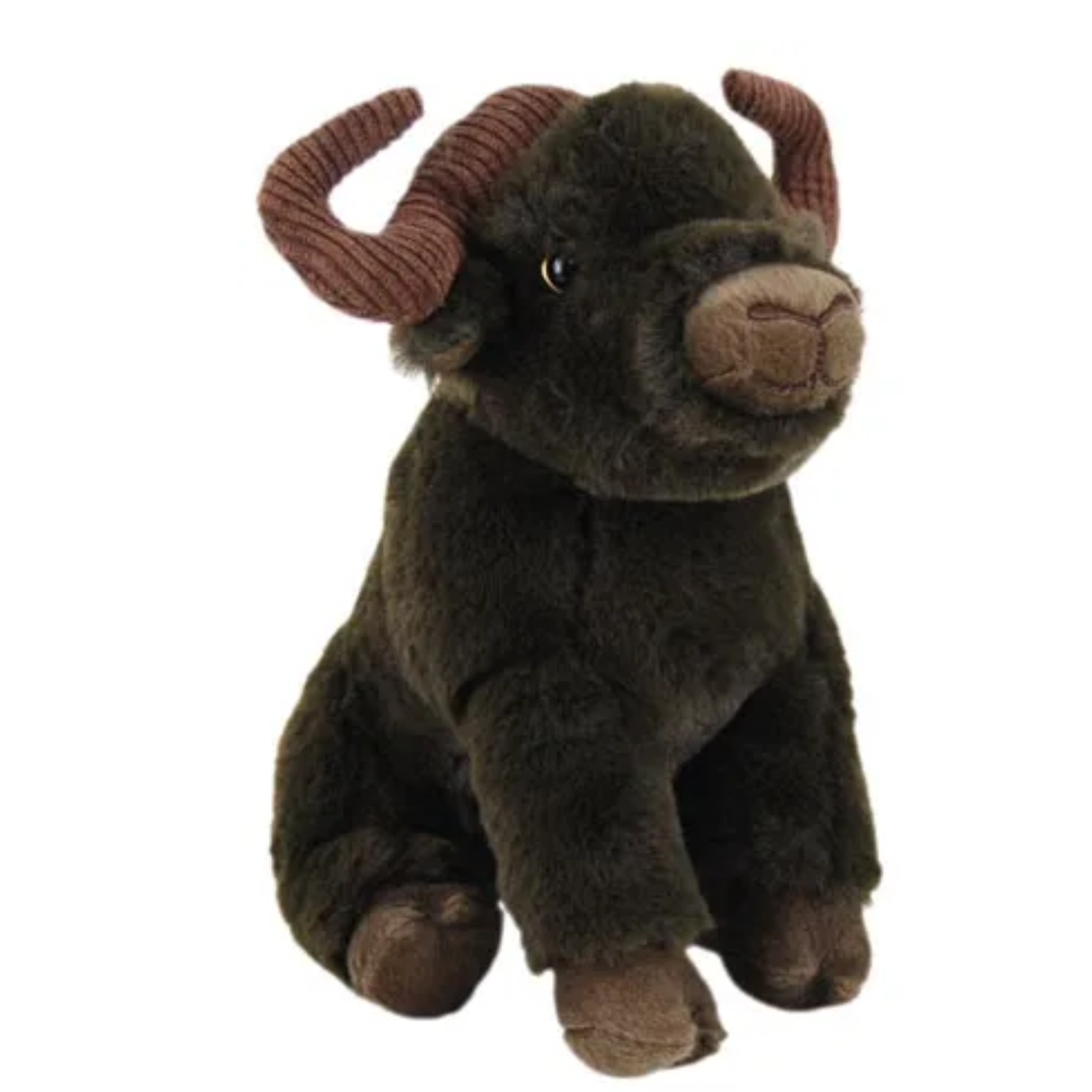 Plush toy bull with brown fur and red horns on a white background