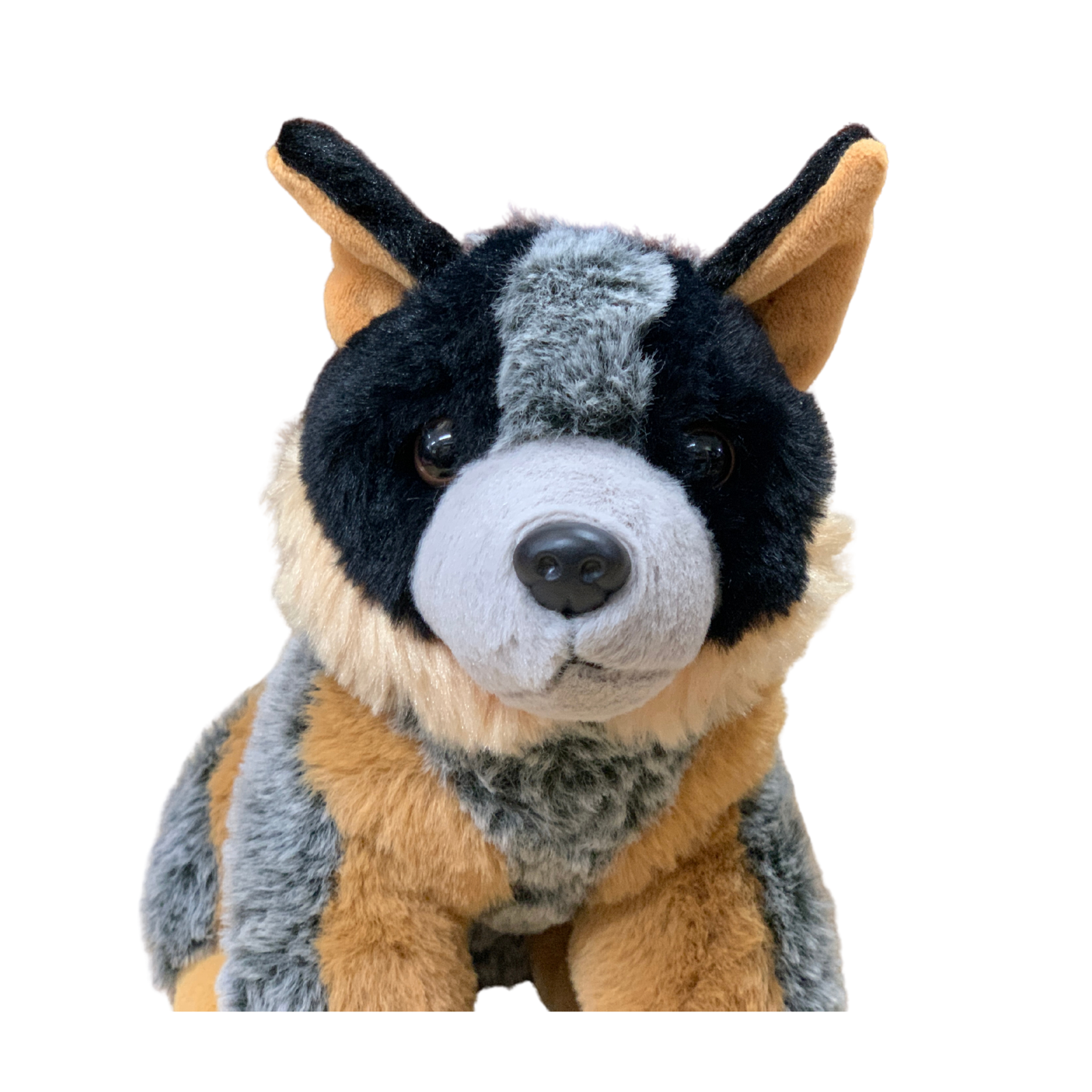 Plush toy resembling a dog with black, gray, and brown colors on a white background