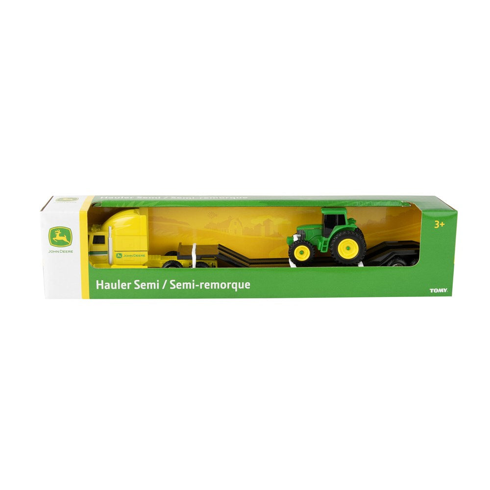 John Deere 1:64 Farm Semi Assortment. Toy hauler semi and tractor set in packaging on a white background