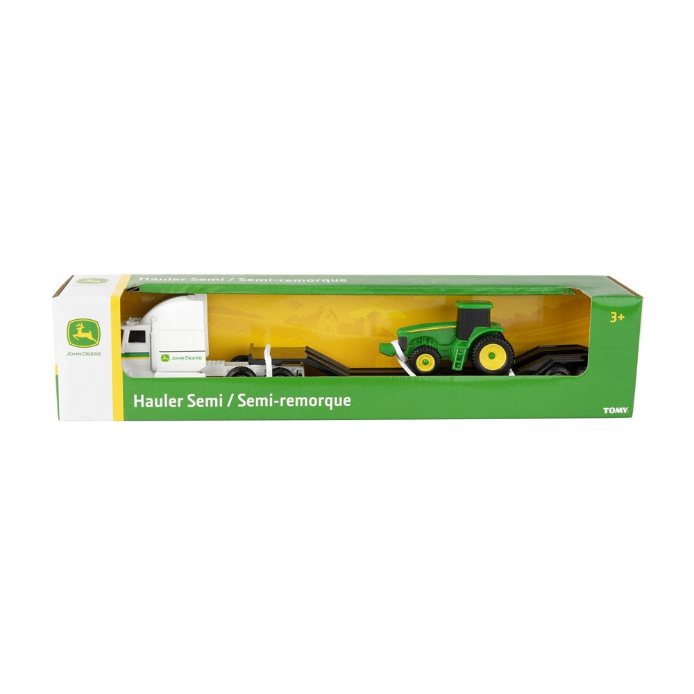 John Deere 1:64 Farm Semi Assortment. Toy hauler semi and tractor set in packaging with John Deere logo.