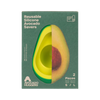 A package of Avocado Huggers Reusable Silicone Avocado Savers, featuring a green box with a large graphic of a sliced avocado showing yellow-green flesh and a brown pit, with the product name and size details printed on the front.