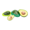 Three green silicone avocado pit removal tools shown with whole and halved avocados on a plain white background.