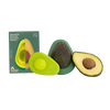 Reusable silicone avocado savers shown with their green packaging box, alongside two reusable avocado-shaped tools: one filled with avocado and one cut open to show the inside, on a plain white background.