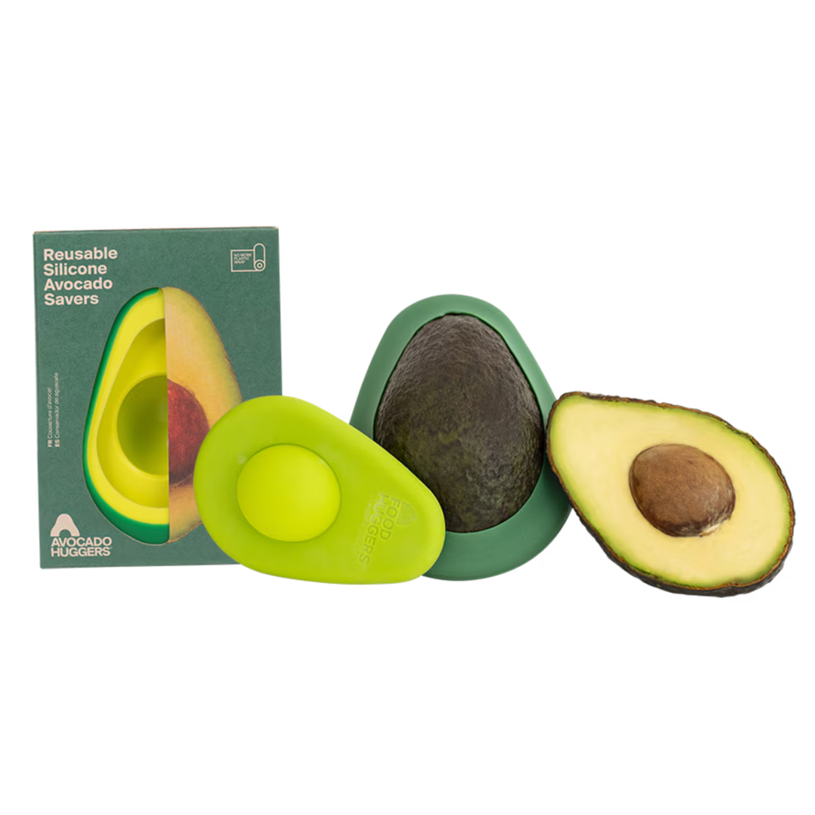 Three reusable silicone avocado savers in green and yellow-green are displayed in front of their dark green product box on a plain white background. The set includes one whole avocado-shaped saver, one sliced avocado-shaped saver showing the yellow pit, and one avocado-shaped saver holding a real avocado half.
