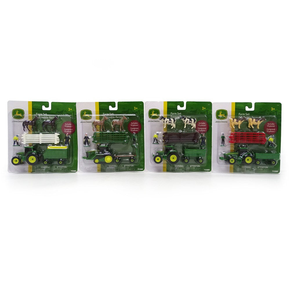 John Deere 10 Piece Mini Farm Set Assorted. Four John Deere toy tractors in packaging on a white background