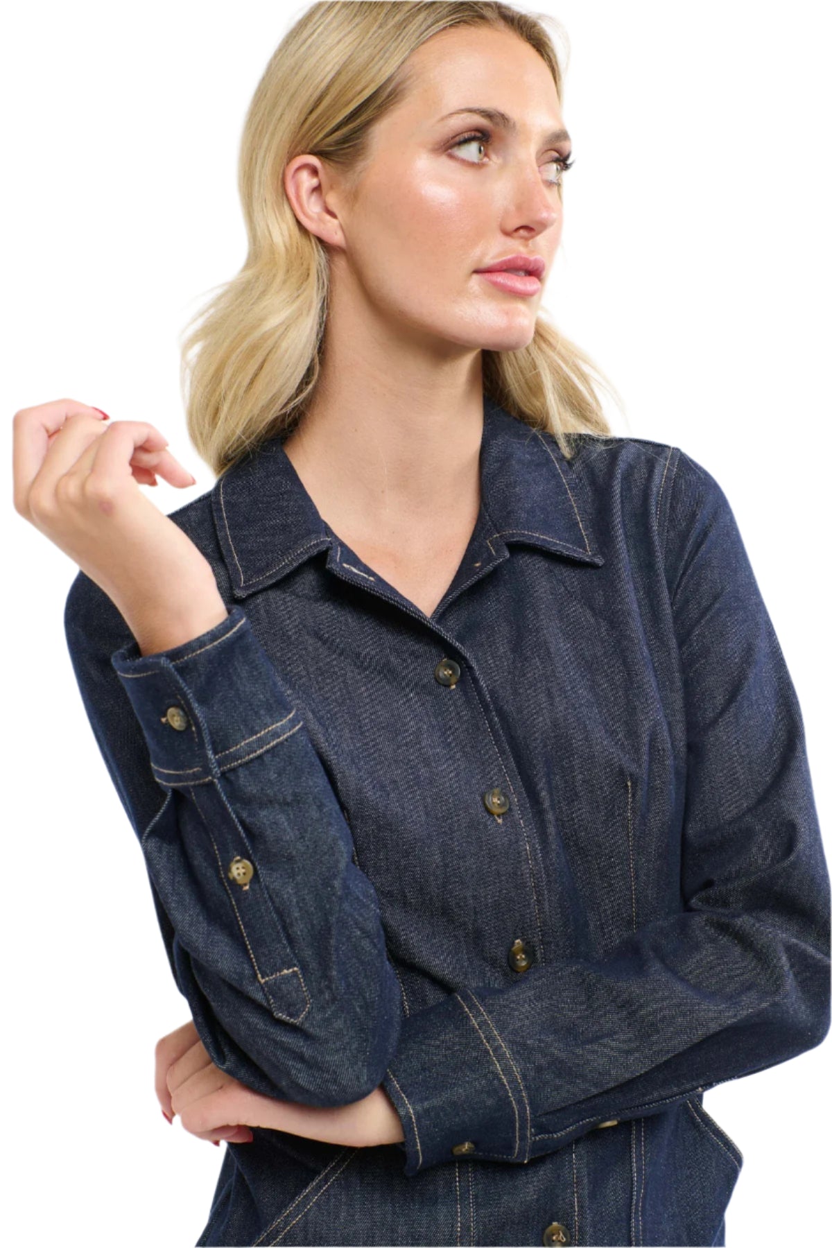 A close up view of a woman wearing a 365 Women's Sabrina Denim Dres. A blue denim dress on a white background