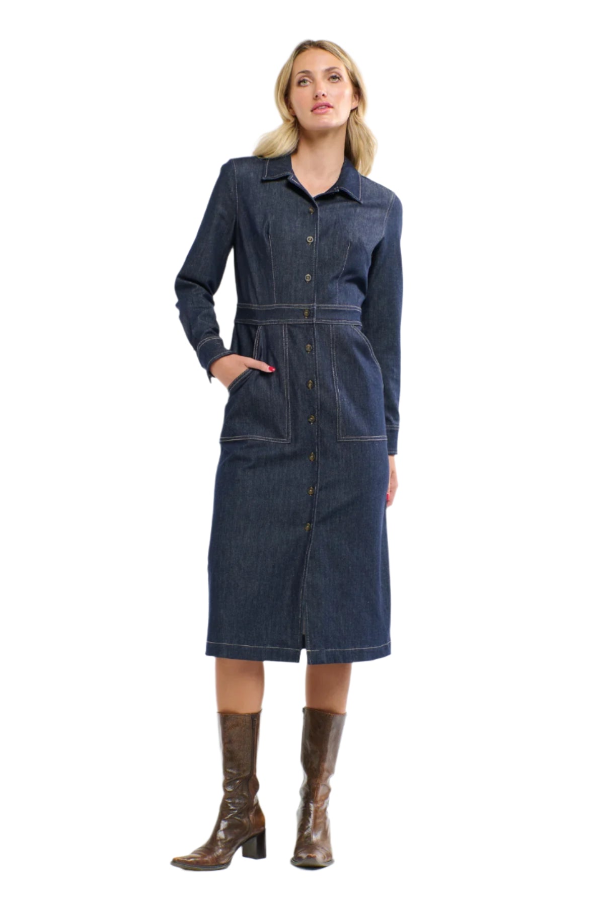 Woman wearing a 365 Women's Sabrina Denim Dres. A blue denim dress with brown boots on a white background