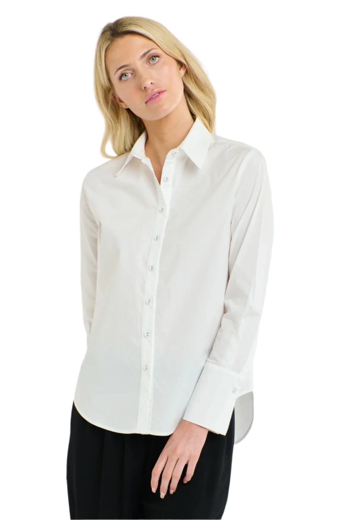 Woman wearing a 365 Women's Classic L/S Shirt. White button-up shirt on a white background