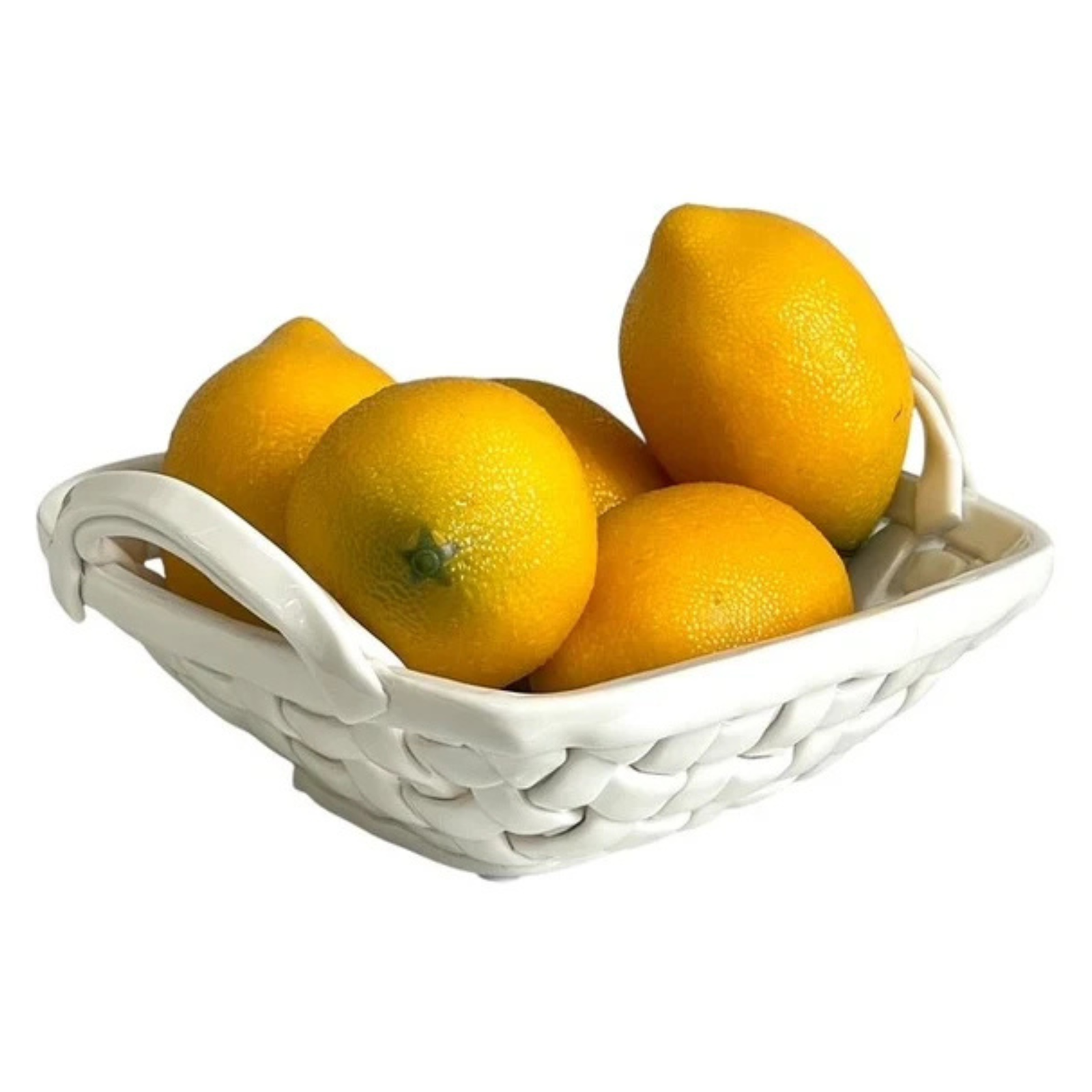 A white woven basket bowl filled with bright yellow lemons, set against a plain white background.