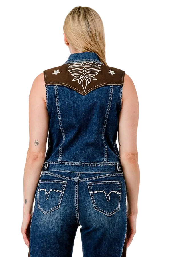 Denim vest with embroidered design on a plain background
