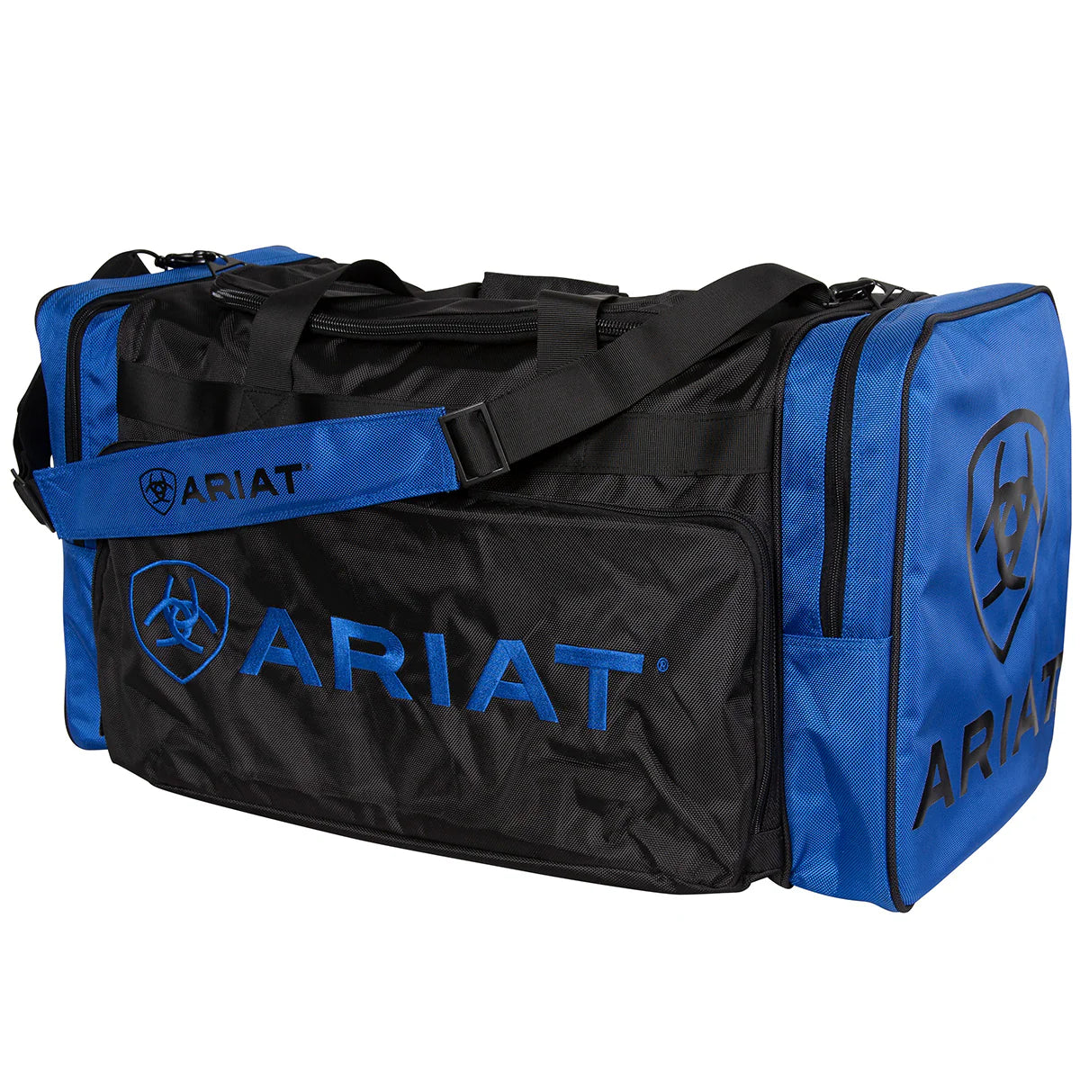 Ariat Full Size Gear Bag. Black and blue duffel bag with Ariat logo on a white background