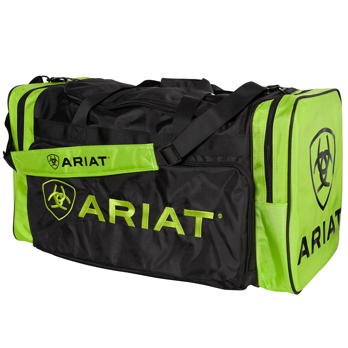 Ariat Full Size Gear Bag. Black and green duffel bag with Ariat logo on a white background