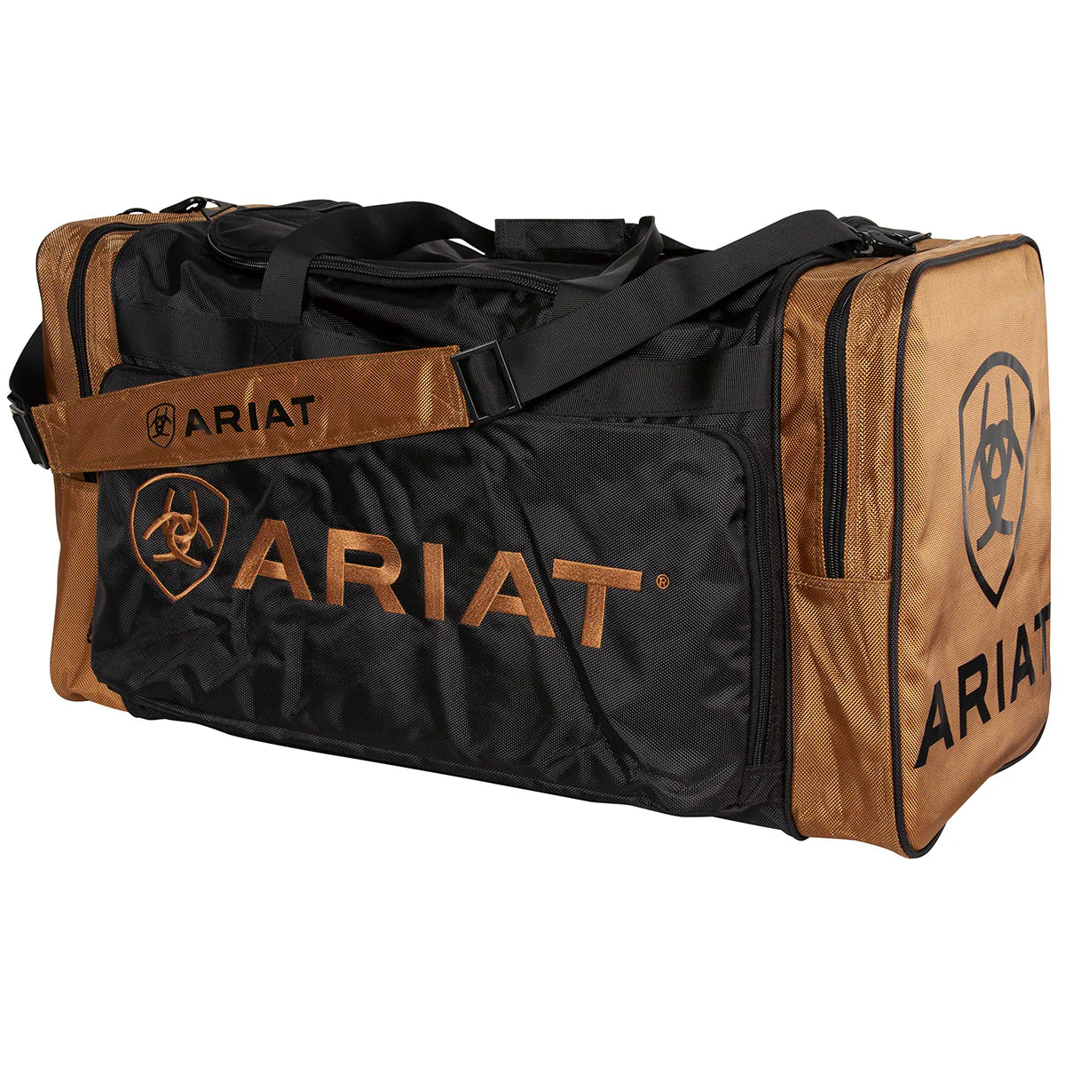 Ariat Full Size Gear Bag. Black and brown duffel bag with Ariat logo on a white background