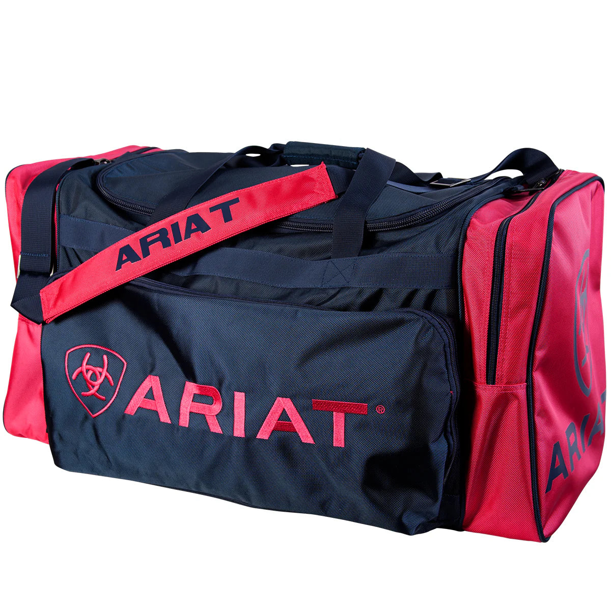 Ariat Full Size Gear Bag. Pink and Navy duffel bag with Ariat branding on a white background