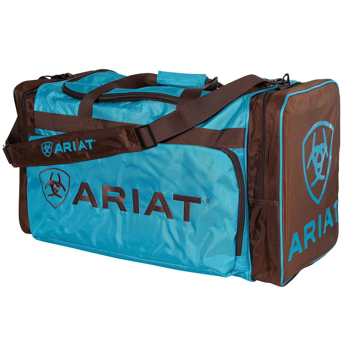 Ariat Full Size Gear Bag. Blue and brown duffel bag with Ariat logo on a white background