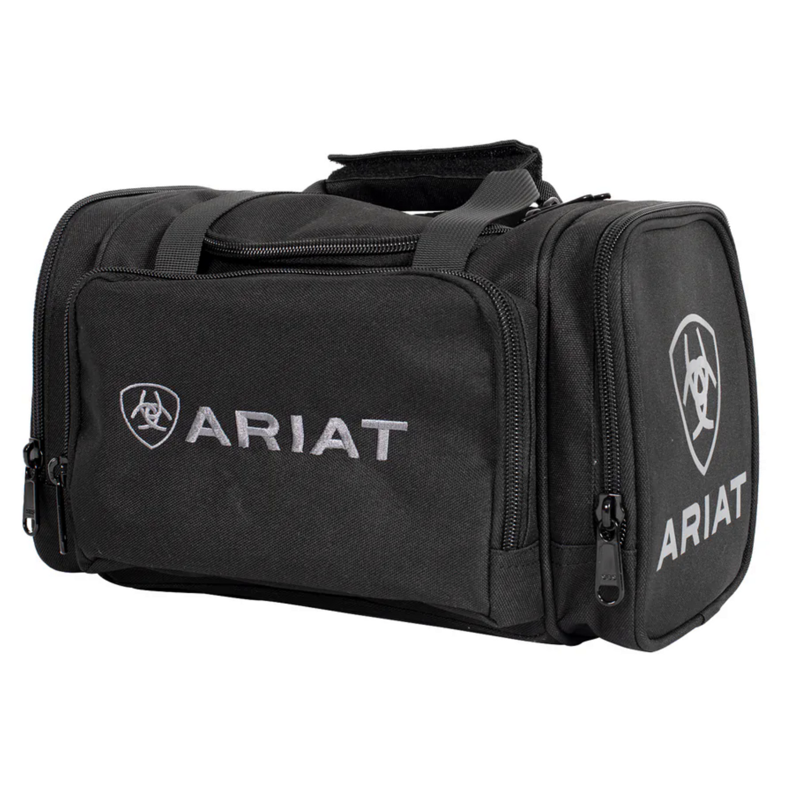A black Ariat vanity bag with the brand's logos on the side, featuring a sleek design with multiple compartments and a top carry strap.