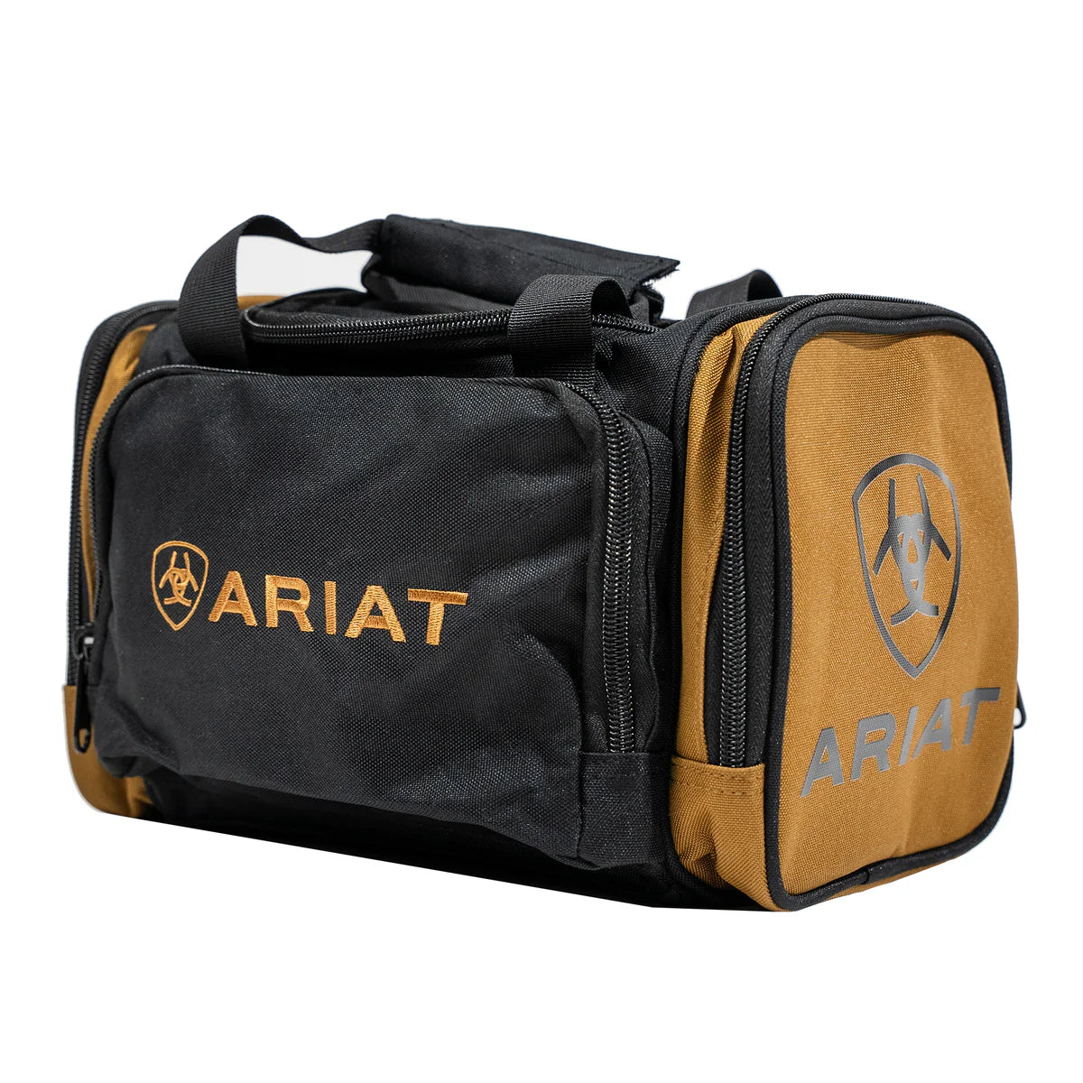 Ariat Vanity Bag. Black and brown duffel bag with Ariat logo on a white background
