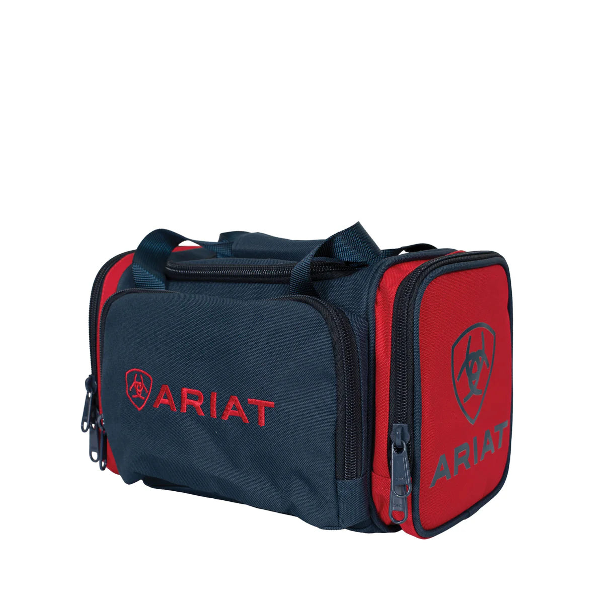 Ariat Vanity BagRed and blue duffel bag with Ariat logo on a white background