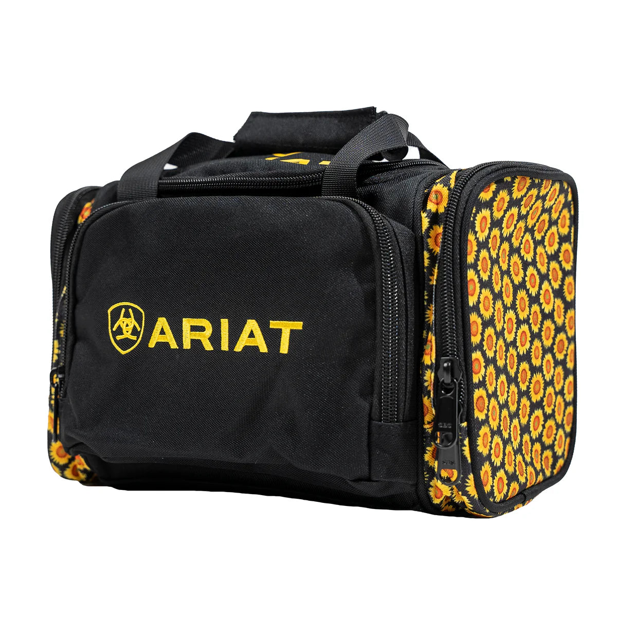 Ariat Vanity Bag. Black duffel bag with yellow floral pattern and Ariat logo on a white background