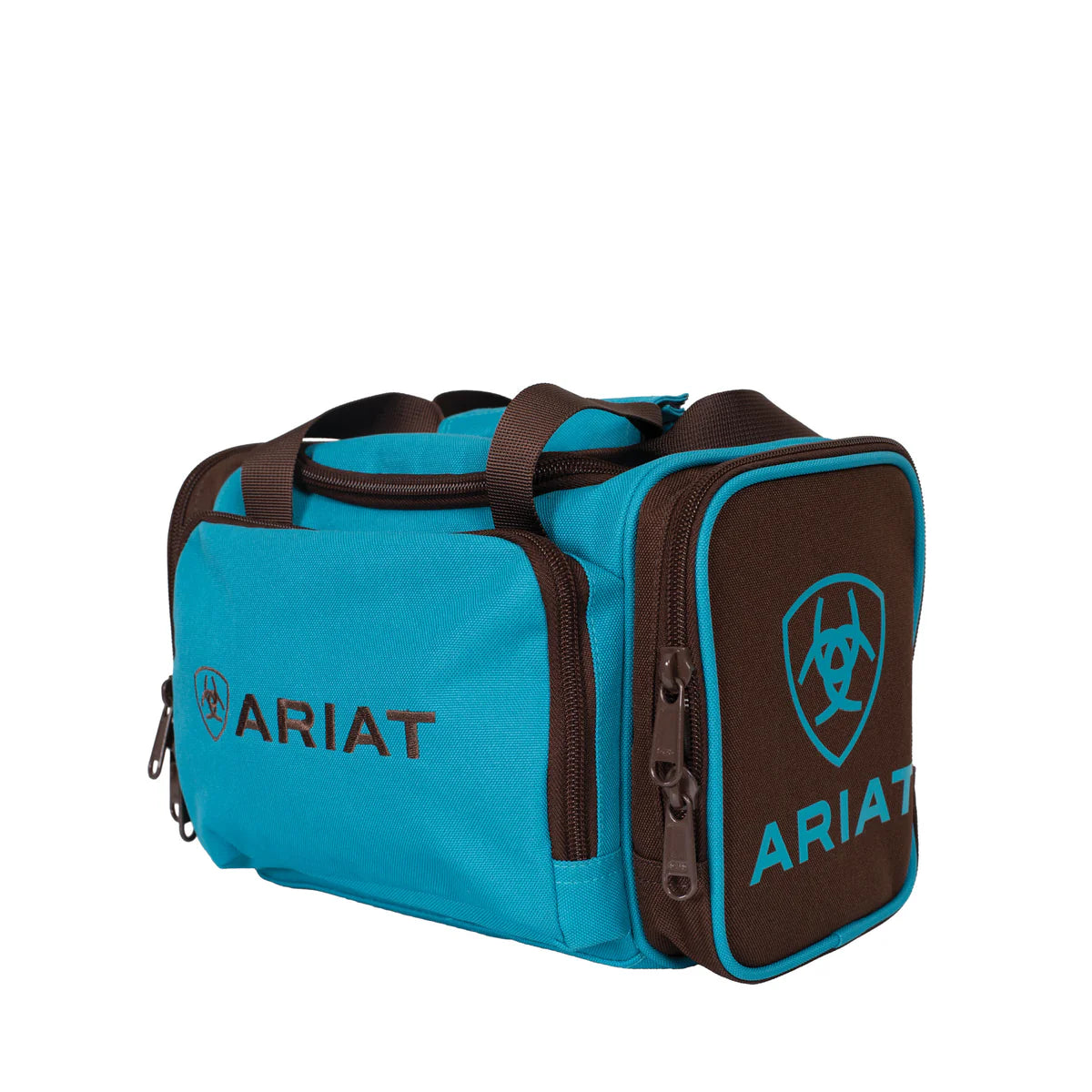 Ariat Vanity Bag. Blue and brown duffel bag with Ariat logo on a white background