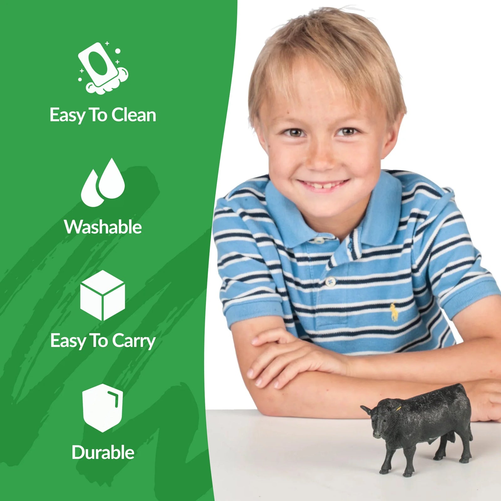 Big Country Toys Angus Bull. Child playing with toy cows next to a green panel with product features on a white background